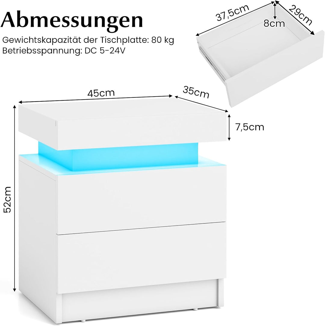 COSTWAY Nachttisch LED, Nachtschrank mit 2 Schubladen, Nachtkommode dynamisch & statisch beleuchtet,