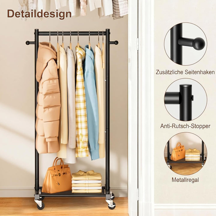 MISSLO Kleiderständer Klein auf Rollen, 114 cm Schmal Kleiderstange mit Ablagen, Metall Stabil Klamo