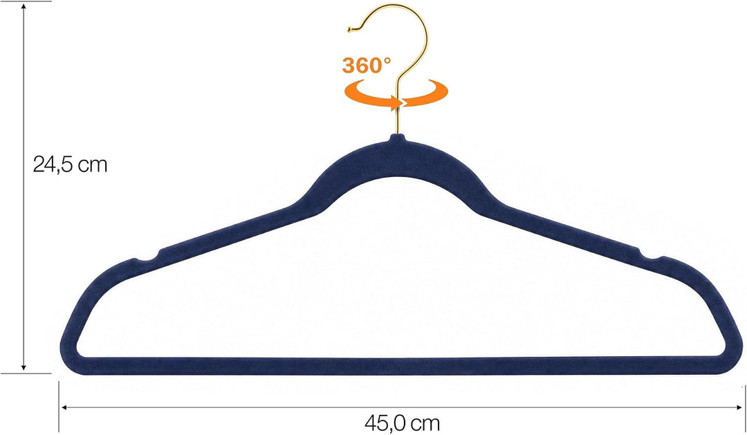 200 Stück hochwertige Samt Kleiderbügel in der Farbe Dunkelblau Navy mit Gold Look Haken/Anti-Rutsch