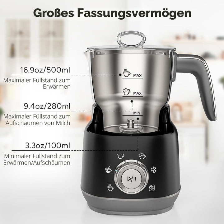 6-in-1 Elektrischer Milchschäumer und Dampfer mit abnehmbaren Bechern, Automatischer Kalter und Warm