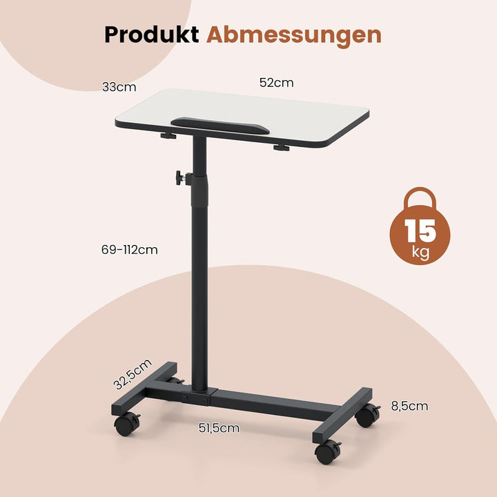 GYMAX höhenverstellbarer Betttisch auf Rollen, Pflegetisch mit 360° neigbare & drehbare Tischplatte,