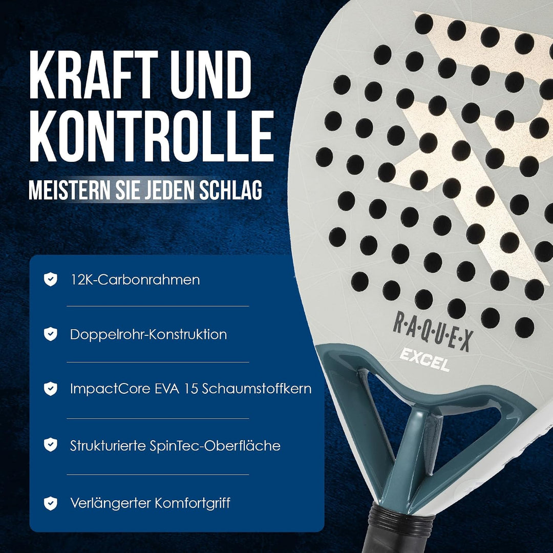 Raquex Excel Padelschläger – für fortgeschrittene Anfänger/Fortgeschrittene – 12K-Carbonrahmen, reak