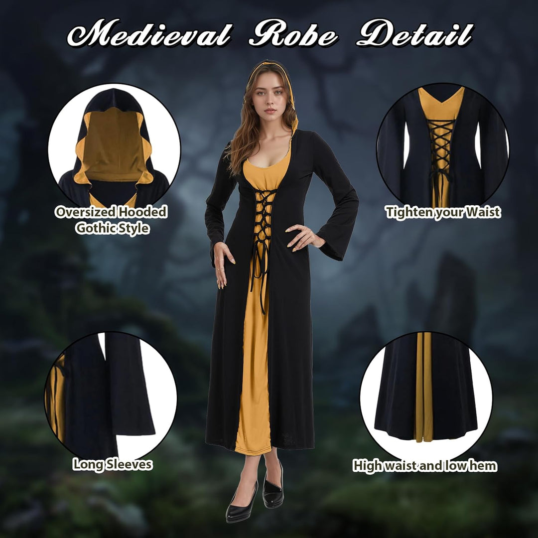 FSUJWOA Frauen Halloween Kostüme für Erwachsene mittelalterlich Kapuze Maxi Kleid für Frauen Mode Ro