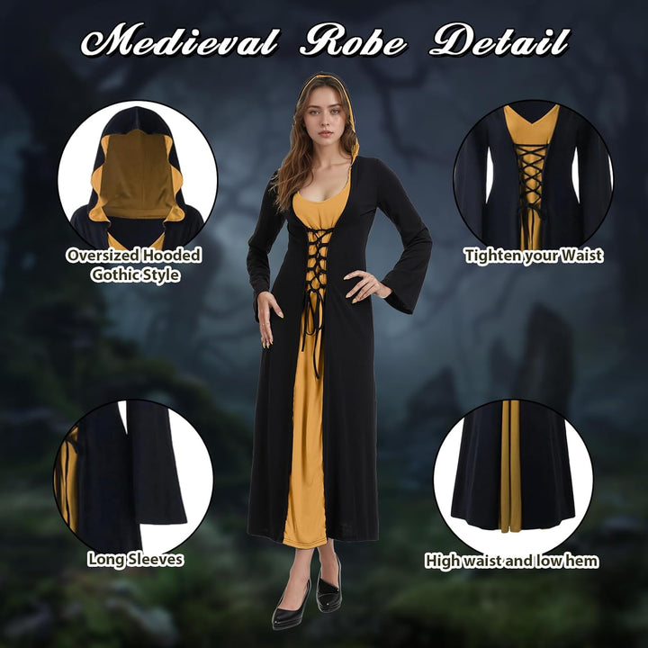 FSUJWOA Frauen Halloween Kostüme für Erwachsene mittelalterlich Kapuze Maxi Kleid für Frauen Mode Ro