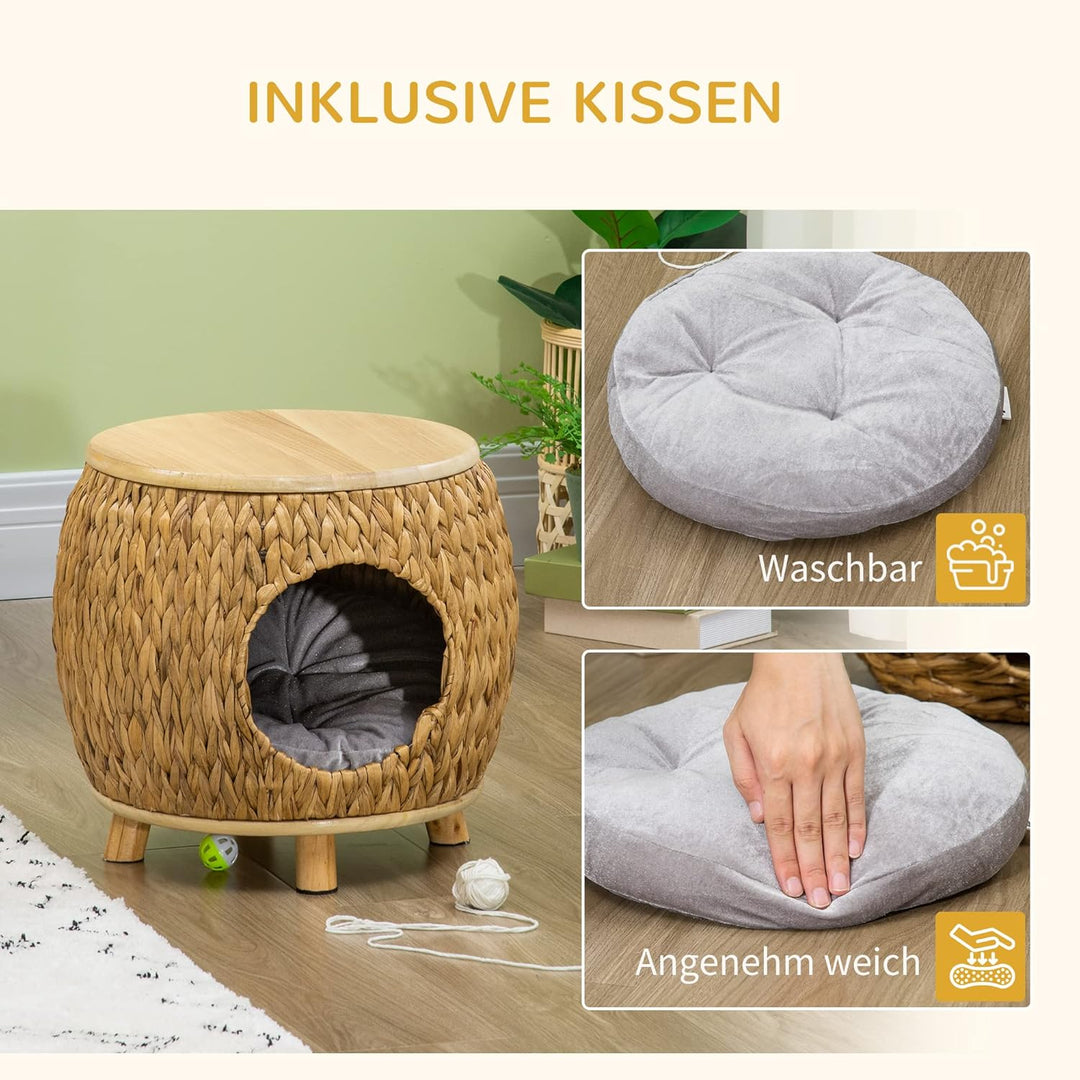 PawHut Rattan Katzenhöhle Katzenbett mit Kissen Katzenhaus Katzenzelt Haustierhaus Hellbraun+Grau 44
