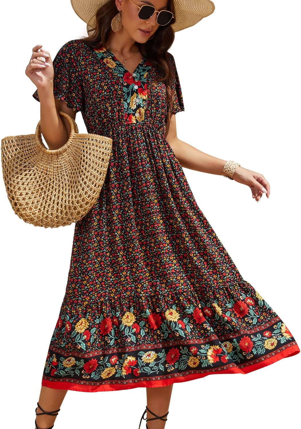 Clearlove Damen Sommerkleid Boho Kurzarm Midi Kleider V-Ausschnitt Strandkleid lang Blumenkleid Rüsc