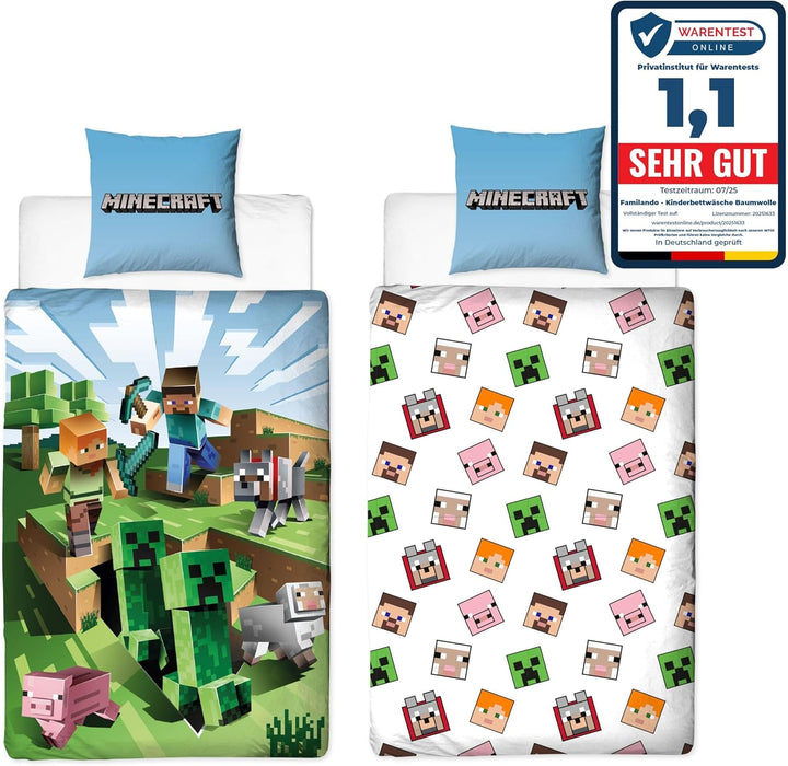 Character World Wende Bettwäsche-Set Minecraft, 135x200cm + 80x80cm, 100% Baumwolle, grün Motiv Craf