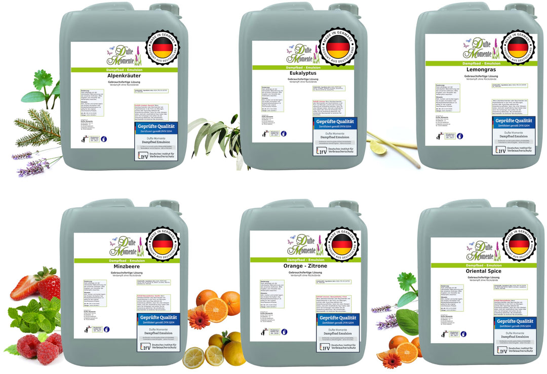 Dampfbad Emulsionen Set 6×10 L – freie Duftwahl – gebrauchsfertige Profi-Emulsion für Dampfbäder & S
