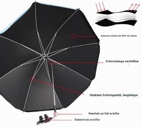 Stuhl-Sonnenschirm mit verstellbarer Klemme, UPF 50+, Schattenschirm, zum Anklippen, für Terrasse, S