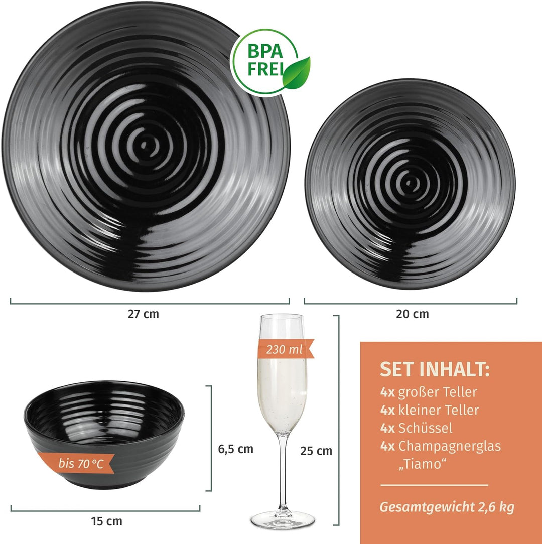 Melamin Camping Geschirr Set 4 Personen Stone Dark Black + 4 Timo Champgner Gläser Flûtes Tafelgesch
