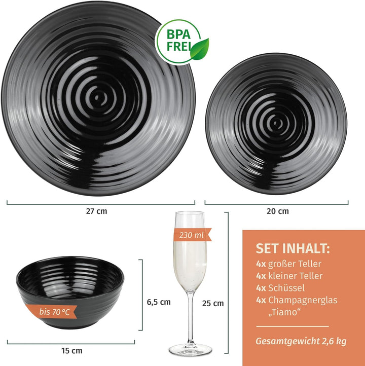 Melamin Camping Geschirr Set 4 Personen Stone Dark Black + 4 Timo Champgner Gläser Flûtes Tafelgesch