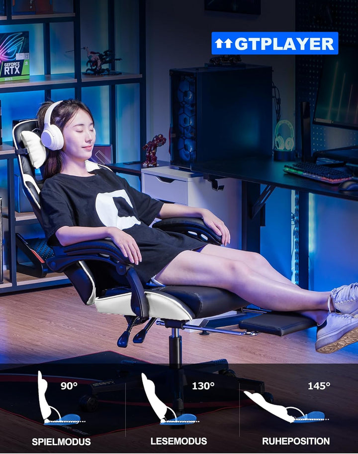 GTPLAYER Gaming Stuhl, Gamer Stuhl, Ergonomischer Bürostuhl mit mit Fussstütze verstellbare Lenden u