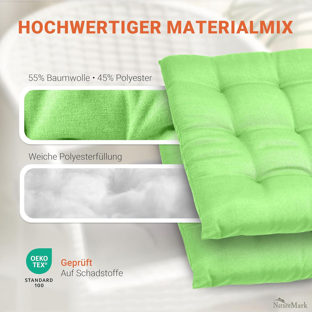 NatureMark 4er Set Stuhlkissen mit Bändern Gr. 40x40 cm Sitzkissen gefüllt, Apfel grün 4 Stück (1er