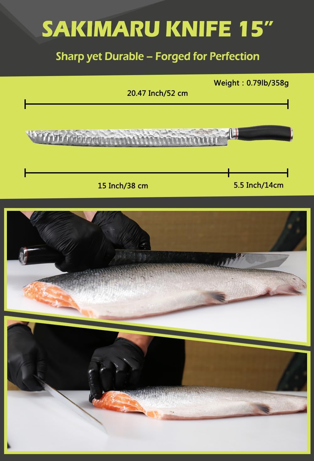 YOUSUNLONG Ultimatives Sakimaru-Messer 15 Zoll (380 mm) japanisches Filetmesser aus Damaszenerstahl