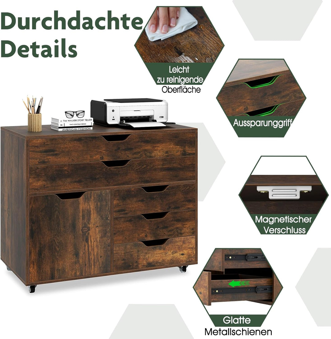 COSTWAY Rollcontainer mit 5 Schubladen & Schrank, mobiler Aktenschrank mit Rollen, Schubladenschrank