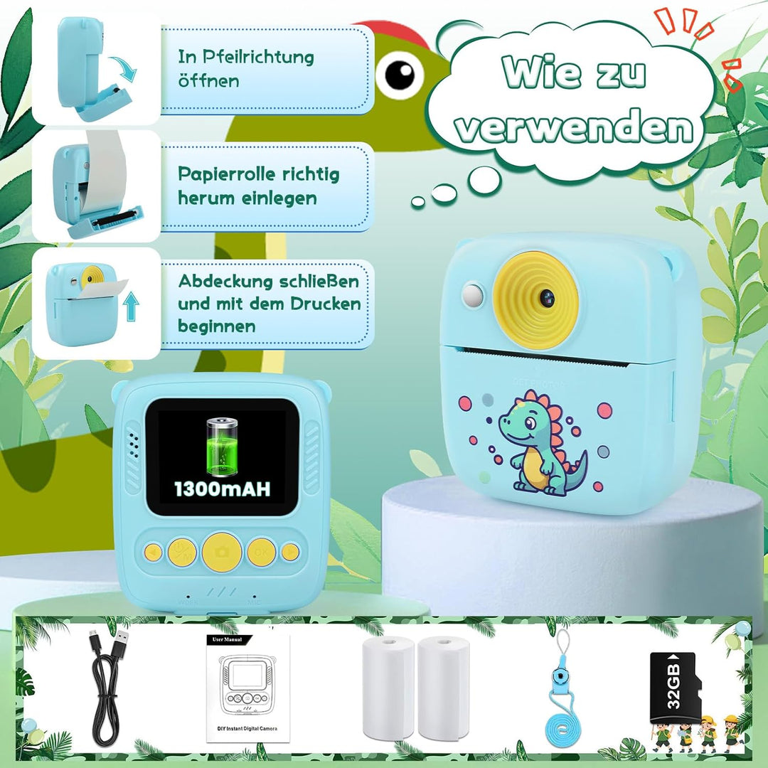 Kinderkamera Sofortbildkamera, 48MP Sofortbildkamera Kinder mit 32GB Karte & Druckpapier, 1080P Digi