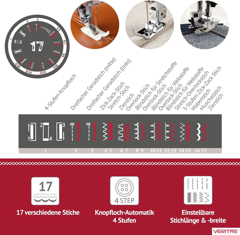 VERITAS Nähmaschine Power Stitch 17 I Mechanische Nähmaschine I 17 Stichprogramme I Auto-Fadenspannu