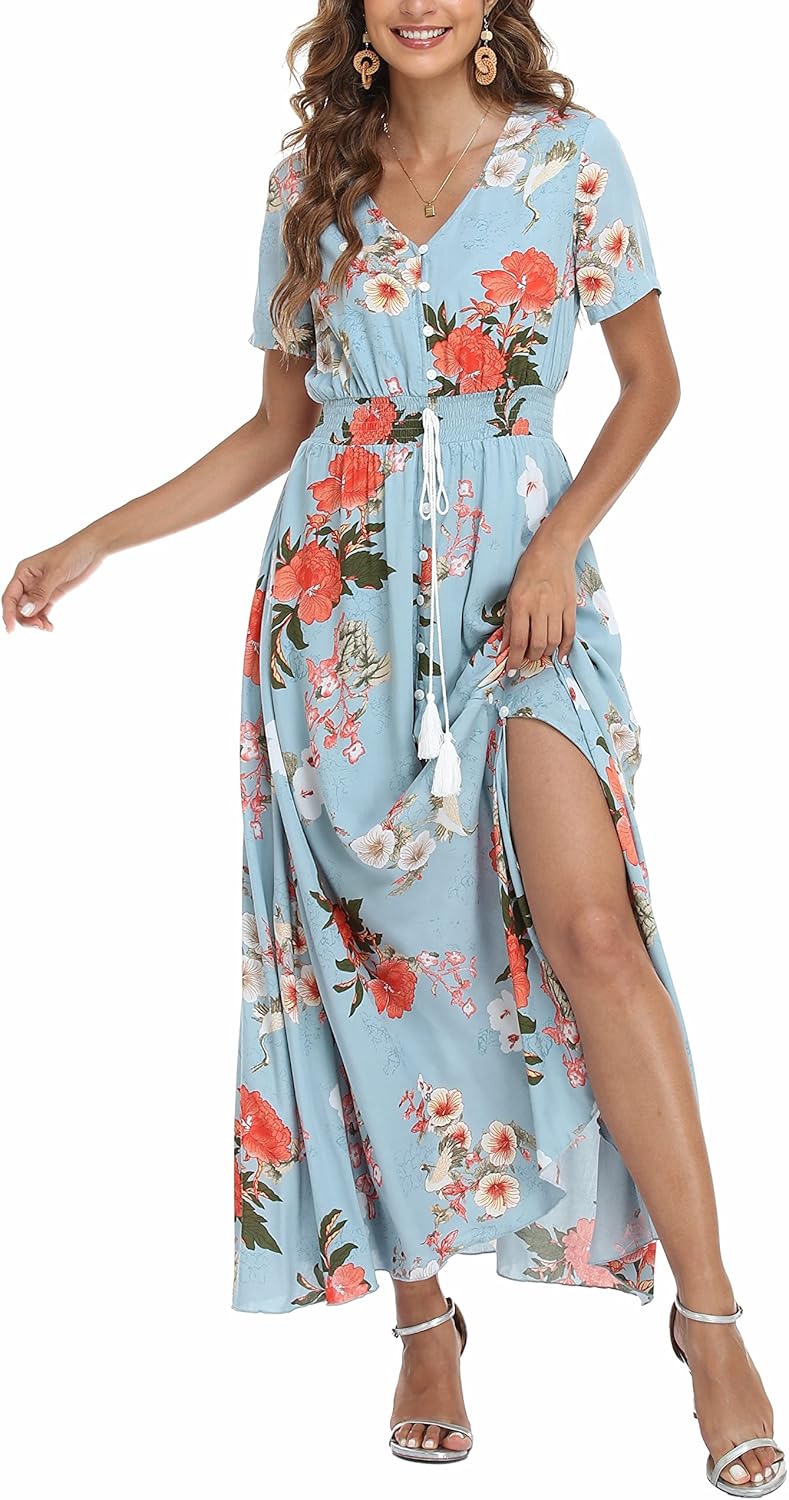 VOGMATE Damen Lange Split Knopf Up Sommer Maxikleid Floral Strandwear Holidy Kleid Hohe Taille mit k