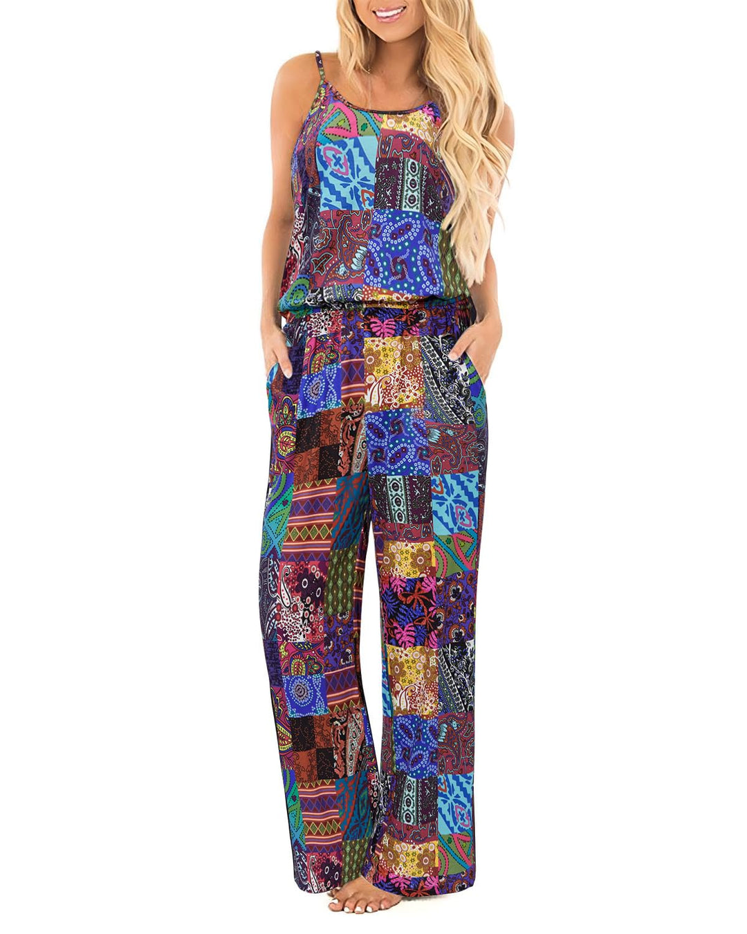 OUGES Damen Sommer Ärmellos Jumpsuit Overall Lang Hosenanzug Casual Playsuit Romper mit Taschen L Fl