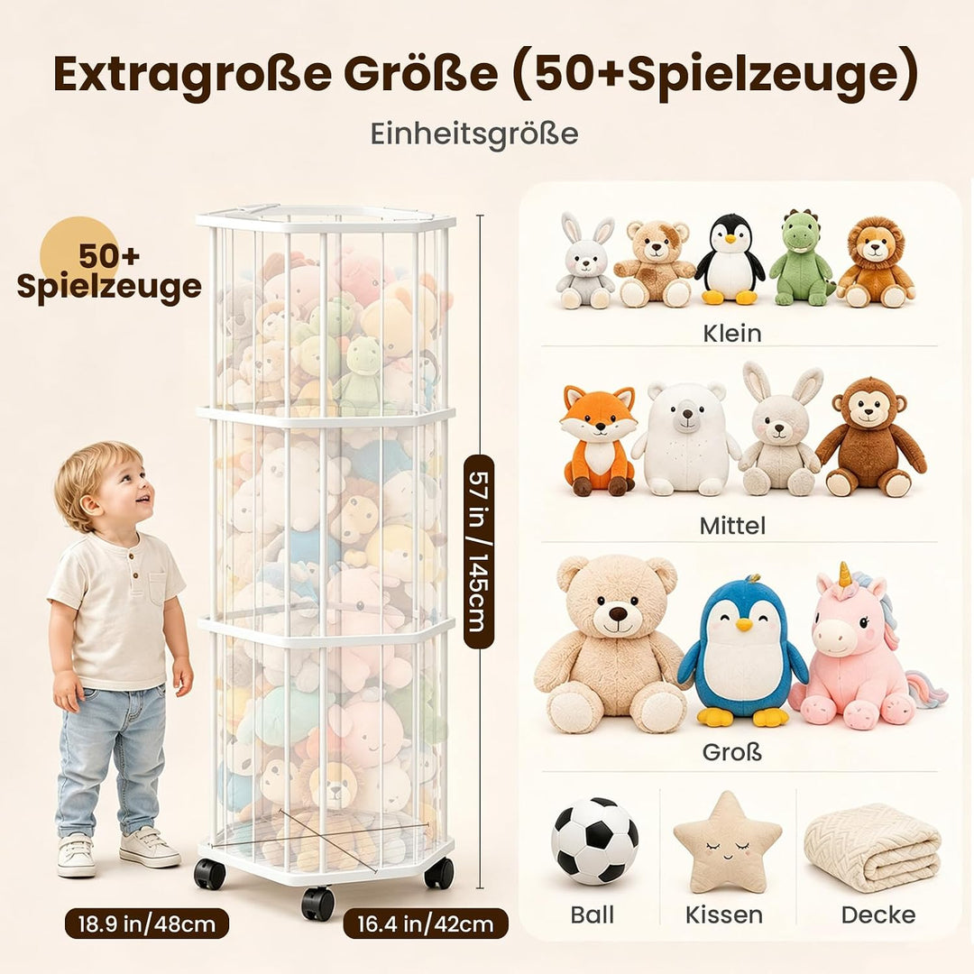 Stahll Gross Kuscheltier Aufbewahrung 145 cm mit 360° Bremsrädern | Stofftier Aufbewahrung mit Elast