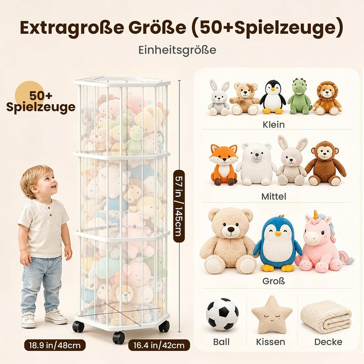 Stahll Gross Kuscheltier Aufbewahrung 145 cm mit 360° Bremsrädern | Stofftier Aufbewahrung mit Elast