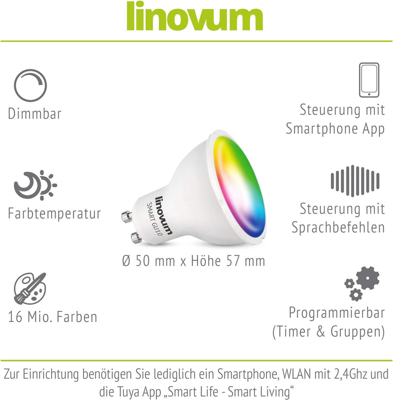 linovum LED Smart Lampe GU10 10er Pack kompatibel mit Alexa Echo Google Home App steuerbar - RGB & W