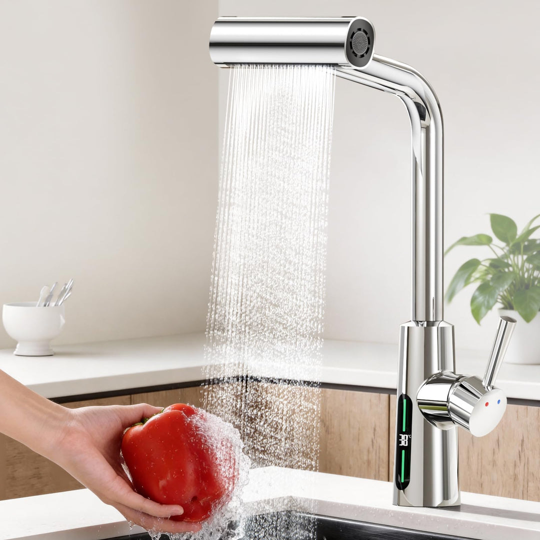 KAIYING Wasserhahn Küche Ausziehbar mit Temperaturanzeige (Batterielos), Hochdruck Wasserfall Küchen