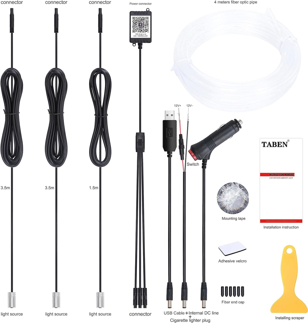 TABEN Umgebungslicht APP Control Auto Atmosphäre Licht Lampe Soft DIY Refit Glasfaserband 64 Farben