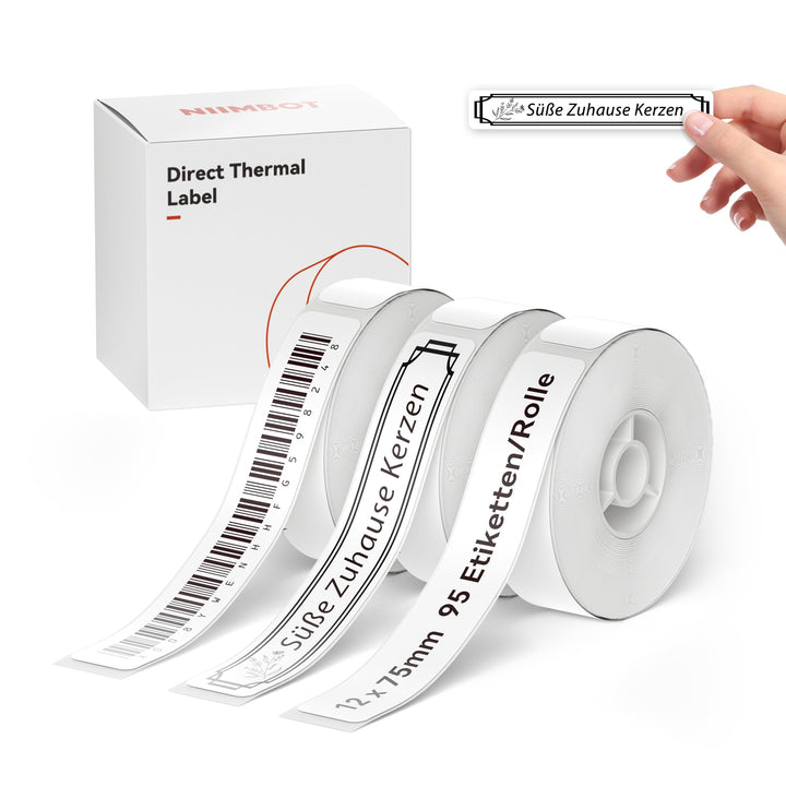 NIIMBOT Thermo Etiketten Selbstklebend, 12 x 75mm Etikettendrucker Thermopapier Kompatibel mit dem D