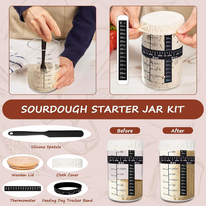 Sauerteig Starter Set mit 26cm Emaille Gusseisen Topf, Rund & Oval Gärkörbchen mit 900ml Sauerteig G