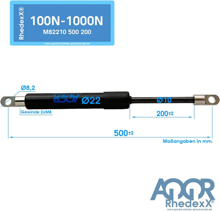 RhedexX® Gasdruckfeder Augenaufnahme 500/200/100N-1.250N Gasdruckdämpfer M8 Gewinde (700 N), 700 N