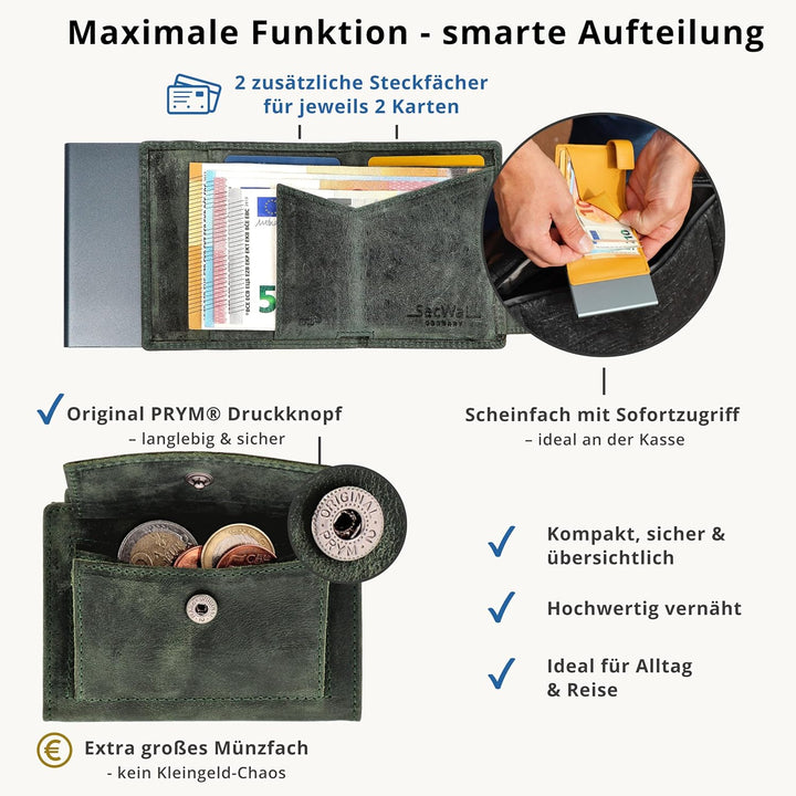 SecWal Kartenetui mit Münzfach Druckknopf inkl. Geschenkbox - Made in Germany - Echtleder Mini Geldb