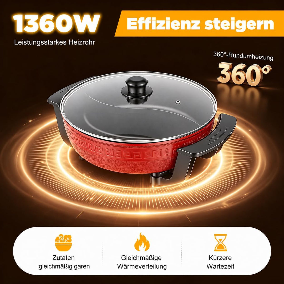Elektrisch Hot Pot 6L Twin Kochtopf Feuertopf Suppentopf mit Deckel, Elektrischer Hotpot Topf 2 Grid