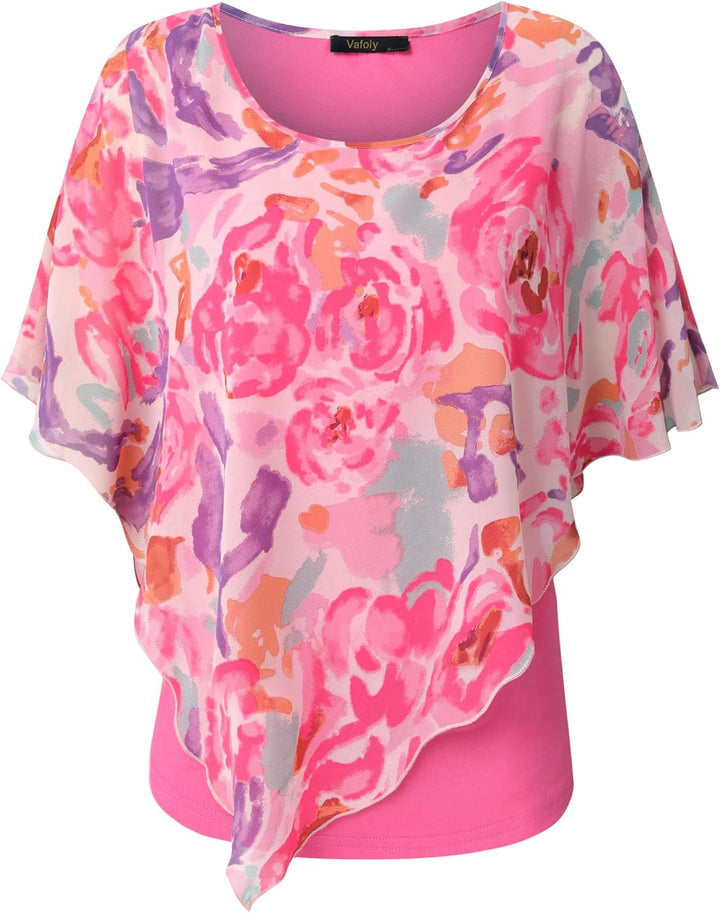 Vafoly Damen Chiffon Lose Fledermaus Bluse mit Kurzen Flatter ärmel Leichte Fliessende Bluse Rundhal