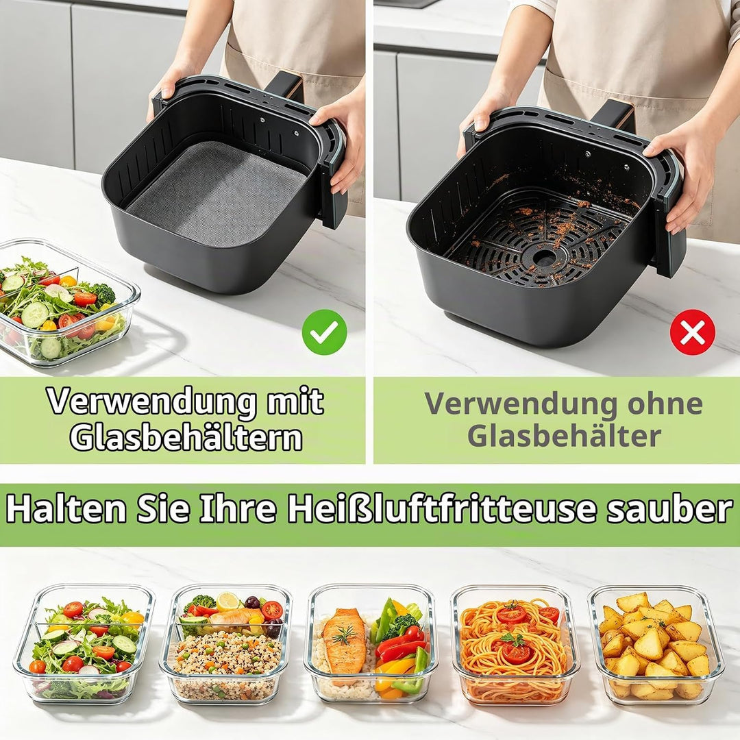 5 Stück Glasbehälter mit Deckel, 1040ml Meal Prep Boxen Glas, Glas Auflaufform für Airfryer Mikrowel