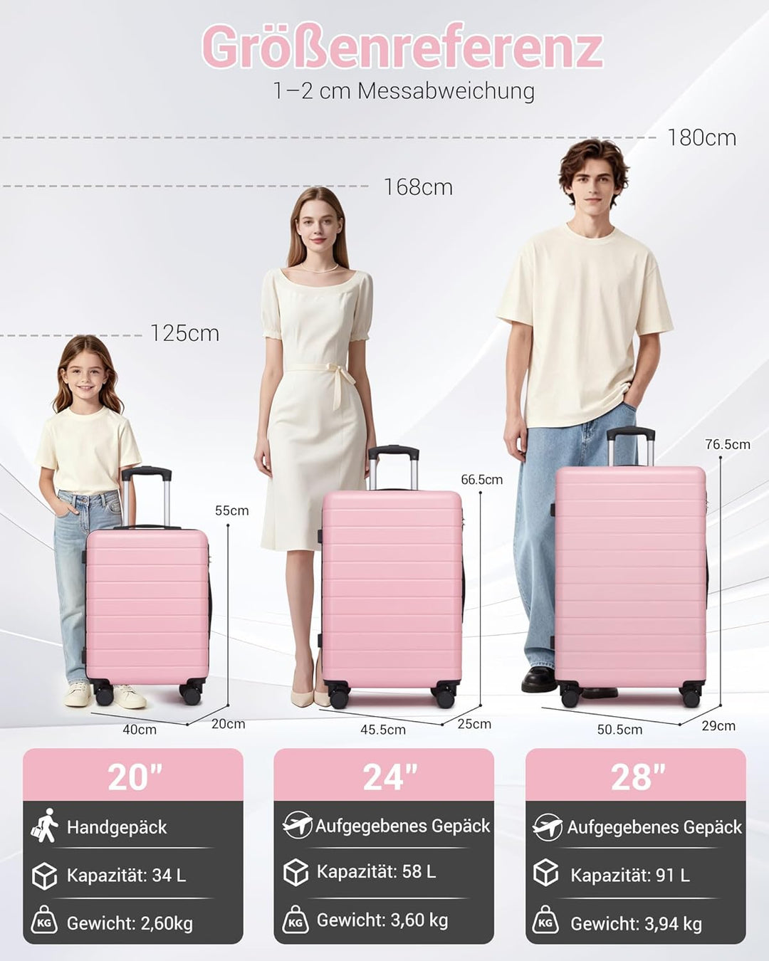Koffer Mittelgross L 66cm, Leichter ABS+PC Reisekoffer für Flugzeug, Ryanair Trolley mit 4 Rollen, H