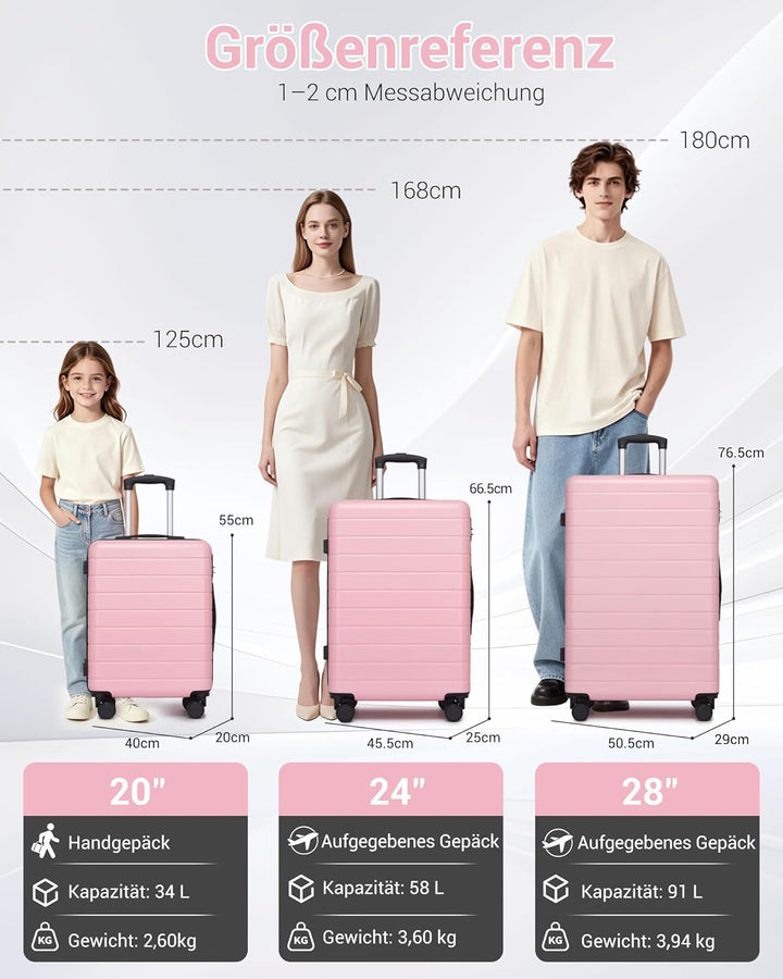 Koffer Mittelgross L 66cm, Leichter ABS+PC Reisekoffer für Flugzeug, Ryanair Trolley mit 4 Rollen, H