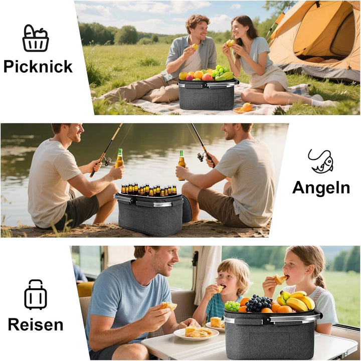 ALLCAMP 32L grosser Isolierkorb Kühltasche Picknickkorb Isoliertasche Kühlkorb Kühlbox Dunkelgrau 32
