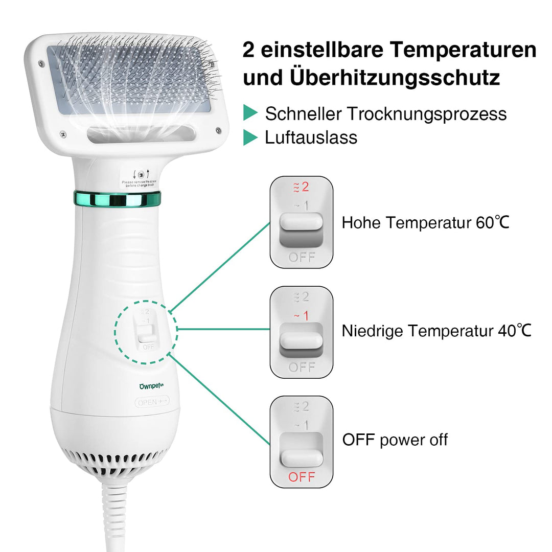 Ownpets Hundefön mit Fellkamm, 2 in 1 Haustier Haartrockner Bürste, Hundetrockner, Temperatur einste