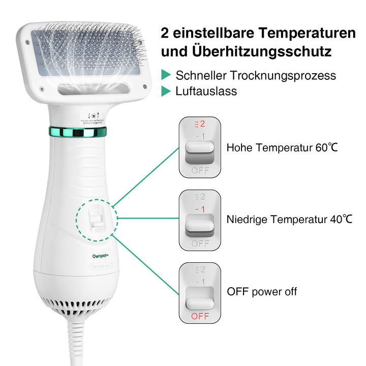 Ownpets Hundefön mit Fellkamm, 2 in 1 Haustier Haartrockner Bürste, Hundetrockner, Temperatur einste