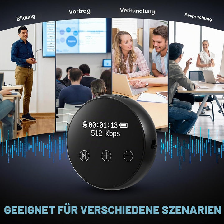 Digitales Diktiergerät, 64 GB, 3072 Kbps, Sprachaktivierung, Geräuschreduzierung, USB-Aufladbar, Mag