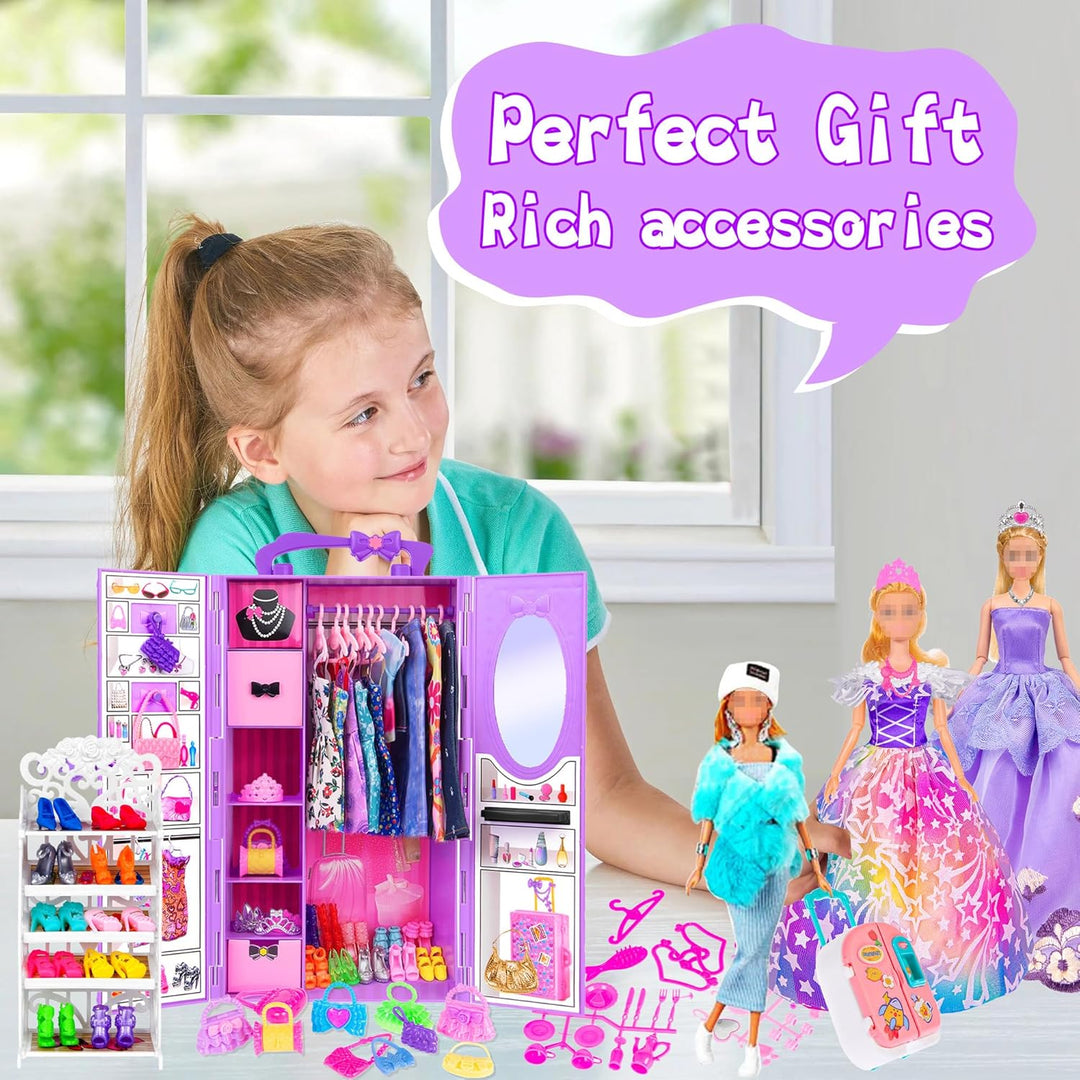 107pcs 11.5 Zoll Mädchen Puppe mit Kleidung Zubehör und Schrank, Gepäck, Schal mit Kleid, Prinzessin
