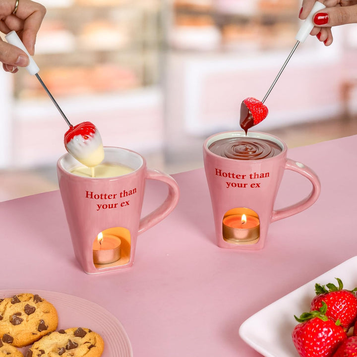 Fisura - Fondue Tasse für Schokolade und Käse, rosa Keramiktasse 140 ml mit Gabel, originelles Gesch