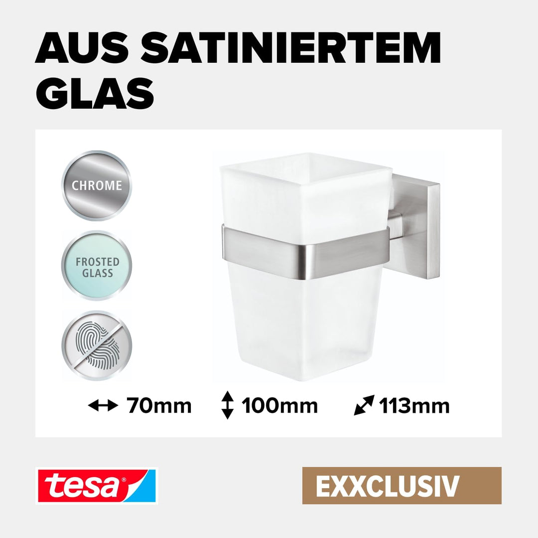 tesa EXXCLUSIV Zahnputzbecher mit Halterung - Becher aus Milchglas, verchromte Wandhalterung - zur W