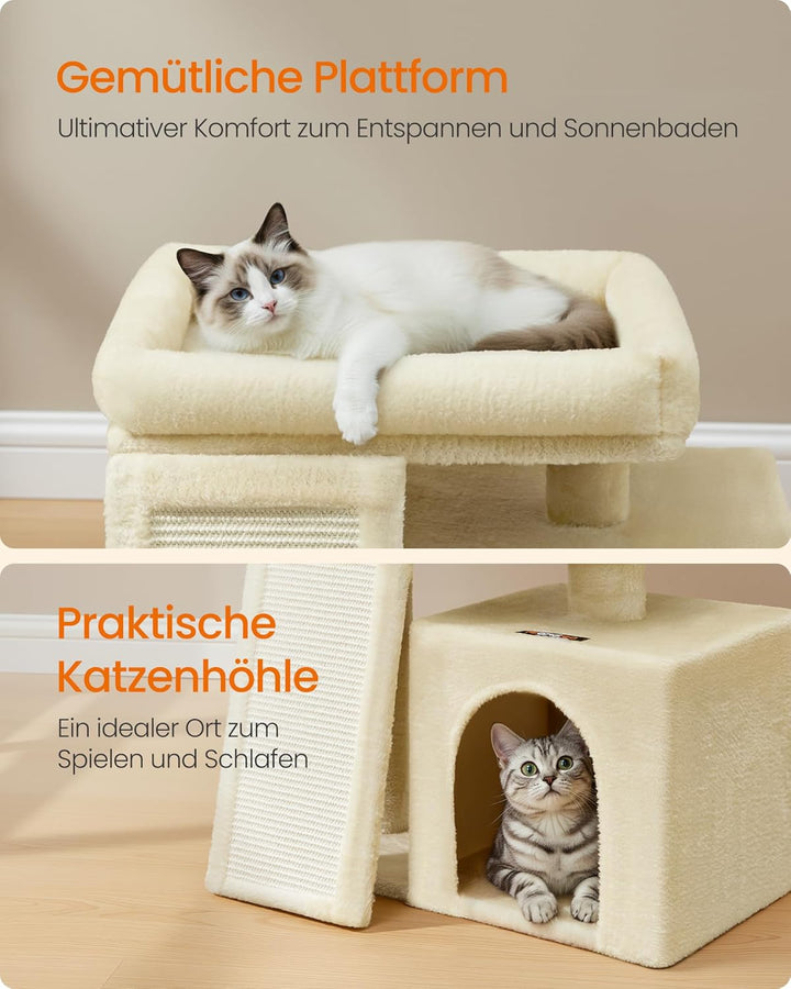 Feandrea Kratzbaum klein, Katzenbaum mit Kratzrampe und grosser Plattform, Katzenkratzbaum mit Höhle