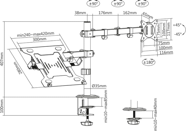 DIGITUS Universal Monitorhalter mit Notebookhalterung / up to 39,6 cm notebook 32" monitor / 15.6" C