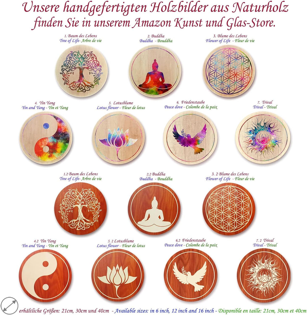 Kunst und Glas Holzbild · Buddha · Ø 40cm · Symbol Lehre Erleuchtung Ruhe Entspannung Meditation auf