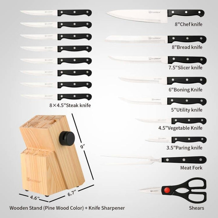 KATISUN Messerset, Messerblockset 19 Stück, Edelstahl Kochmesser Set mit Holzblock，Profi Küchenmesse