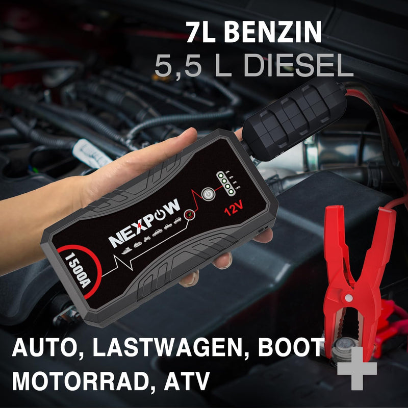 NEXPOW Starthilfe Powerbank, 1500A Spitzstrom Tragbare Auto Starthilfe 12V für 7.0L Benzin und 5.5L