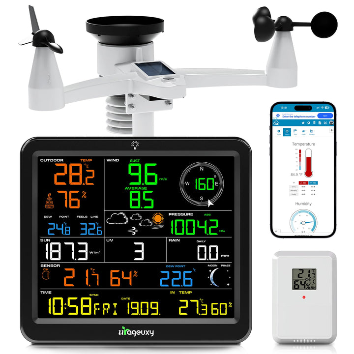 Urageuxy WLAN Wetterstation mit Aussensensor, 8,8" Farbdisplay, 7-in-1 Sensor für Wind, Regen, UV, T